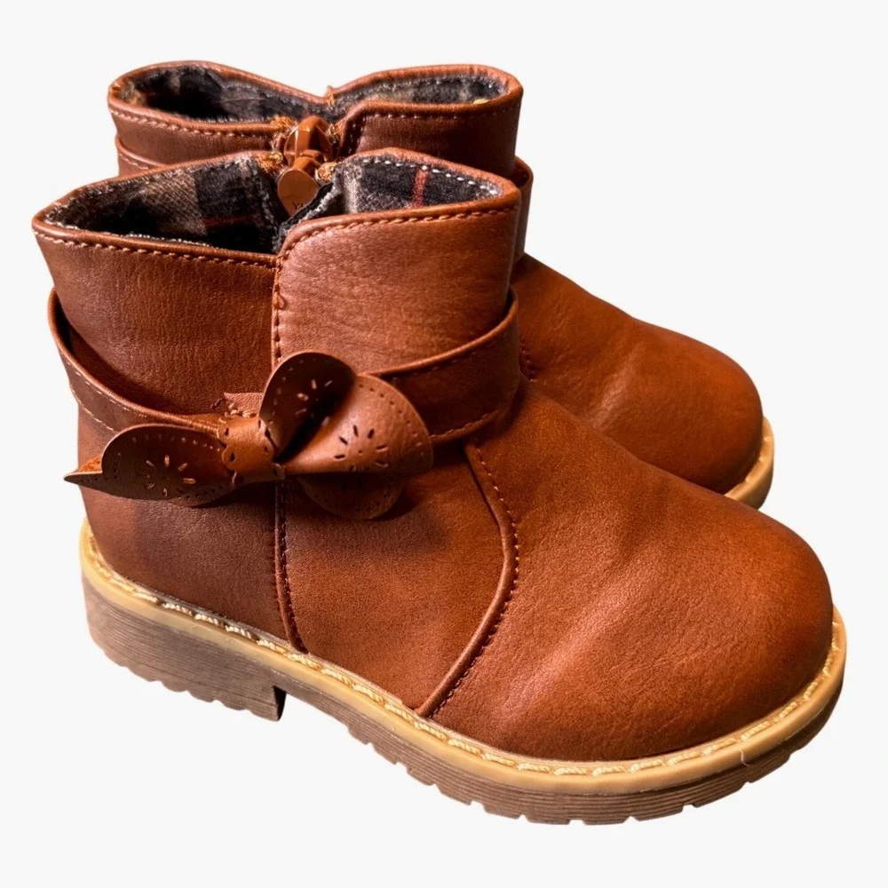 Bellanie Toddler Girls Brown Faux Leather Bow Ankle Boots Size 5 Zippered